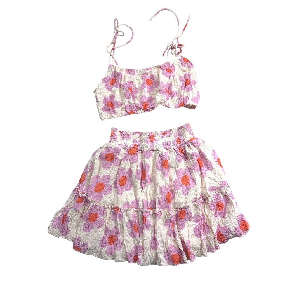 Pink Lily Floral Two Piece Set Crop Top and Mini Skirt Pink Orange Medium
